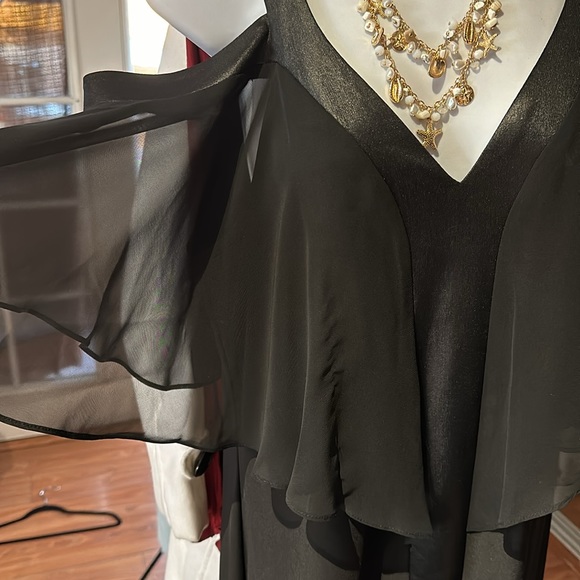 Long black dressy dress - tuxedo stripe down the front with sheer sleeve - cute - Picture 2 of 3